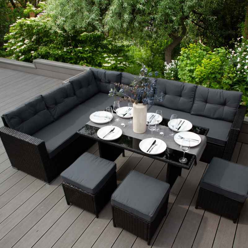 Rattan Corner Dining Set & Garden Storage Box Black 9-Seater L Sofa Stools Glass Table Large Cushion Furniture Chest 582L Outdoor Patio Steel Frame UV Resistant FREE Waterproof Carry Bag & Rain Cover