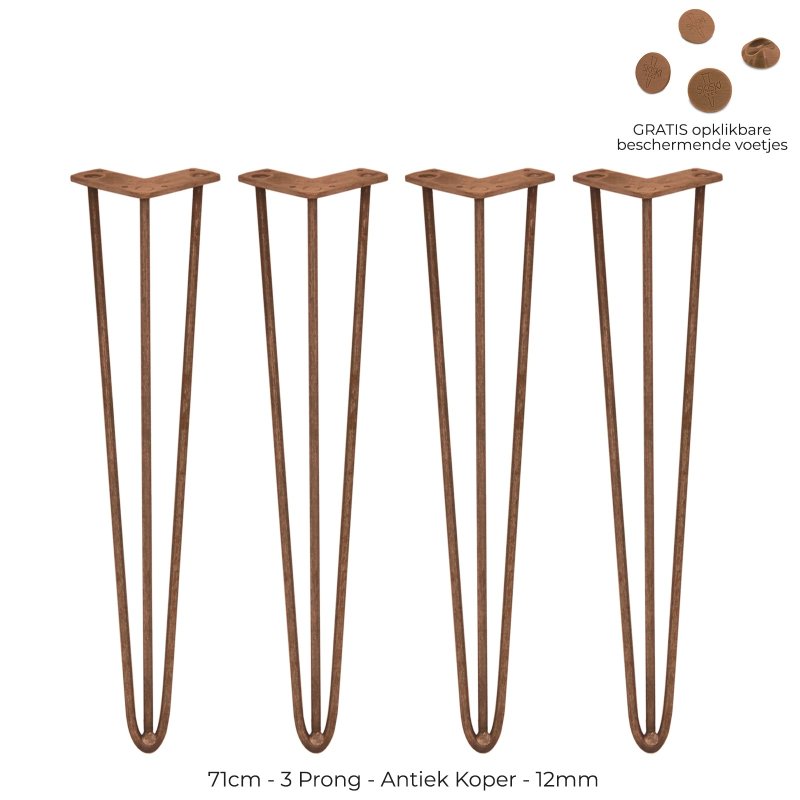 4Pcs Hairpin Table Legs DIY Furniture Upcycle Industrial Style Heavy-duty Sturdy Welded Metal Steel With FREE Screw Pack And Protector Feet Antique Copper 3 Prong Rods 28 Inch Height 12mm Thickness