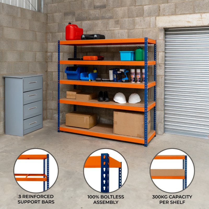 Garage Racking S-Rax Shelving Unit 5 Shelf 180cm x 180cm x 60cm Rack Heavy Duty Steel 300kg Capacity Per Shelf Adjustable Layout Boltless Assembly Rubber Feet 3 Reinforced Support Bars Warehouse