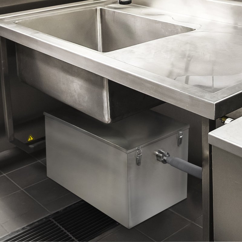 Commercial Grease Trap 120L Under Sink Interceptor 18KG Stainless Steel Waste Fat Oil Water Separator Filter Restaurant Kitchen Takeaway Hotel Cafe 50mm Inlet Outlet Compact 41cm H x 45cm W x 65cm D