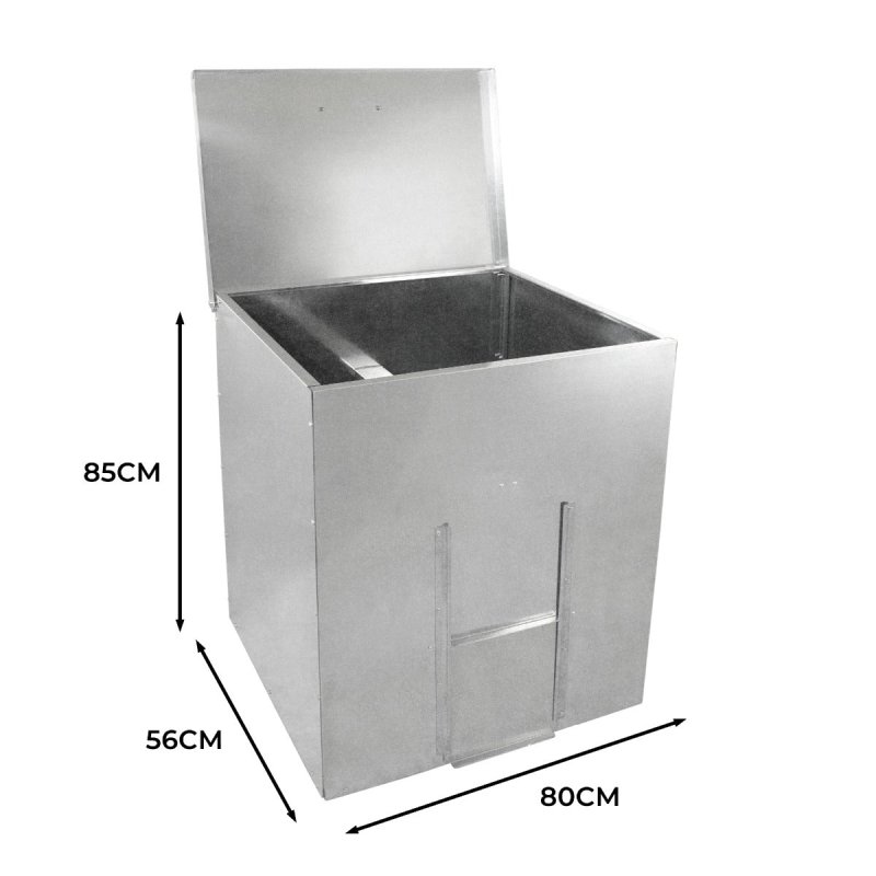 Coal Storage Bunker 250kg 390L Galvanised Steel Raised Metal Base Strengthening Bar Baffle Plate Waterproof Rust & Rodent Proof Wood Fire Sliding Door Hinged Lid Handle FREE Coal Shovel