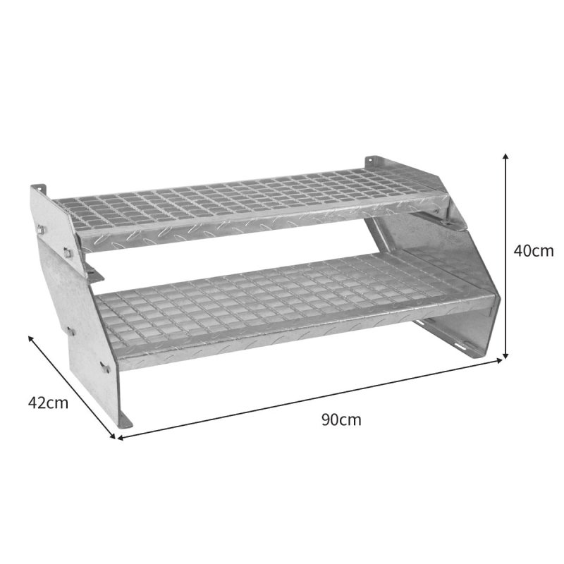 Metal Staircase 2 Section Adjustable Height 90cm / 900mm Wide Galvanised Steel Silver 2 Steps Weatherproof Grate Step Outdoor Garden Patio Modular Stairs 5mm Rod Thickness FREE Fixing Kit