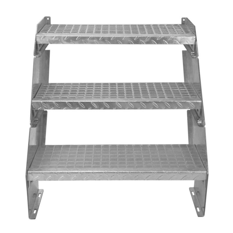Metal Staircase 3 Section Adjustable Height 60cm / 600mm Wide Galvanised Steel Silver 3 Steps Weatherproof Grate Step Outdoor Garden Patio Modular Stairs 5mm Rod Thickness FREE Fixing Kit