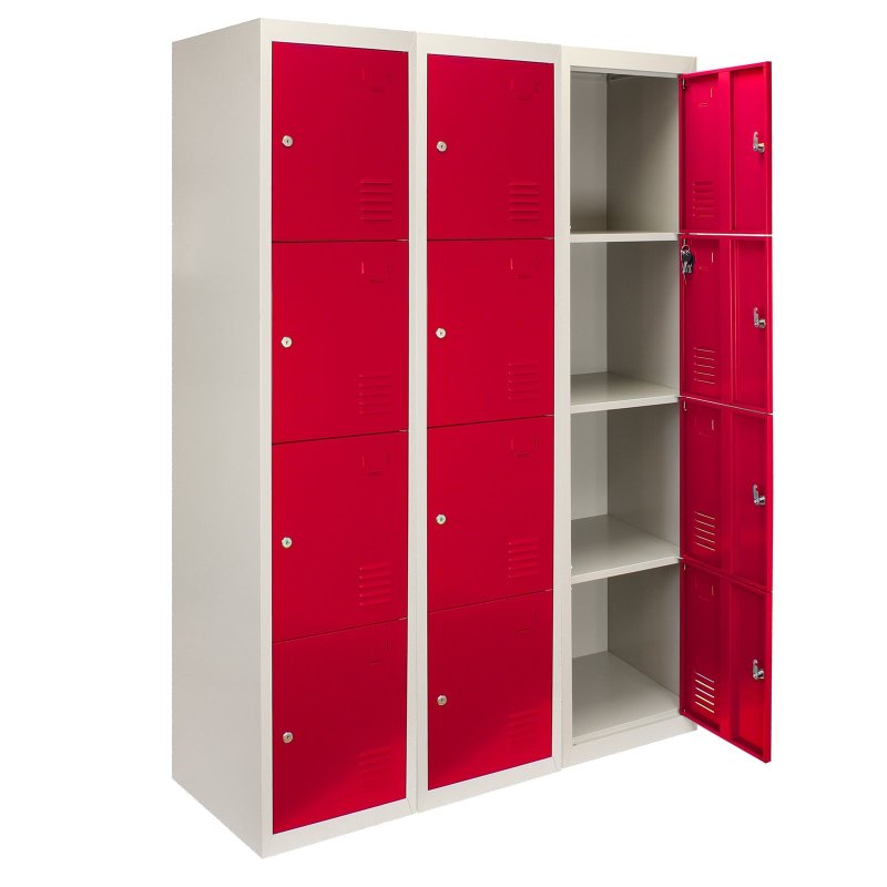 MonsterShop 3 x Metal Lockers, 4 Door Storage, Blue & Grey Metal Lockable Unit, School Staff Gym Changing Room