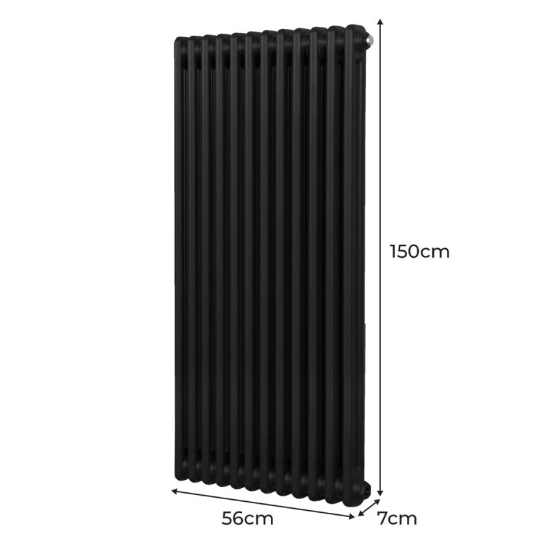 Traditional 2 Column Radiator 1500mm x 562mm Modern Central Heating Heater Matt Black Carbon Steel Vertical Wall Mounted Kitchen Living Room Bathroom Cleaning Brush Fixing Kit & Brackets