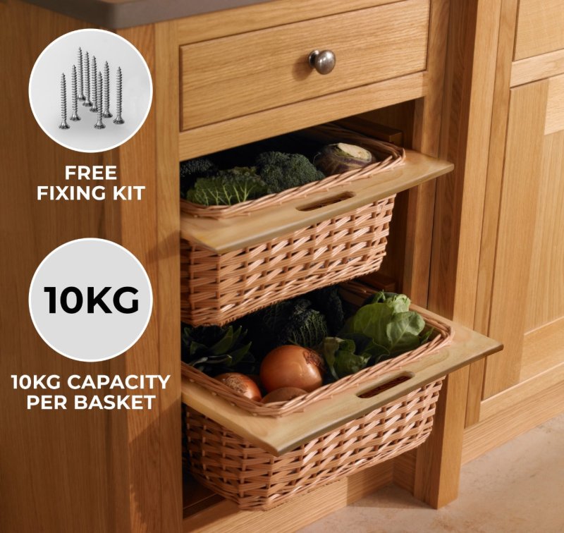 3 x Pull out Wicker Basket Drawer 500mm Kitchen Storage Solution Larder Base Unit Cupboard with Handle Rustic Beech Wood Farmhouse Style 100% Handmade Rattan FREE Fixing Kit Included – Brown