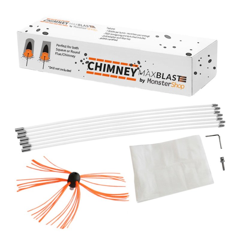 Chimney Cleaning Brush Kit, Drill Powered Cleaner, Rotary Sweeping Brush, 7m, Wood Burner, Fireplace, Flue, Reinforced Nylon Flexible Rods, FREE Storage Bag, FREE Dust Sheet, Includes Drill Adapter & Allen Key