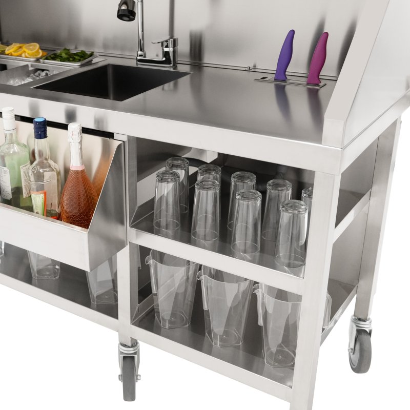 Mobile Cocktail Bar Station Stainless Steel Event Prep Serving Counter Wheels Insulated Ice Wells Shelves Sink Mixer Tap Speed Rail Gastro Pots Knife Holder Whiteboard Boston Shaker Magnets & Erasers