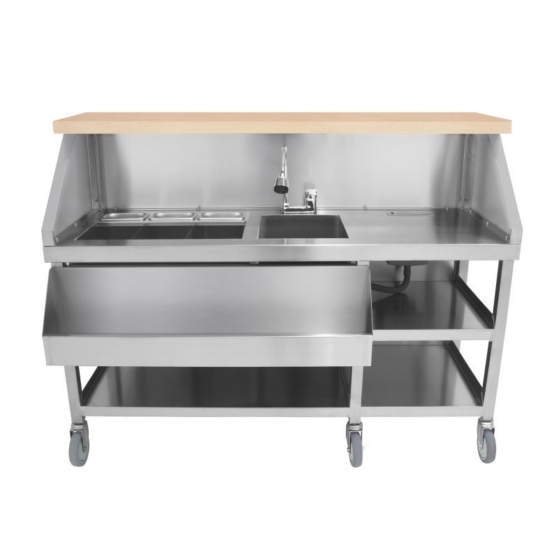 Mobile Cocktail Bar Station Stainless Steel Event Prep Serving Counter Wheels Insulated Ice Wells Shelves Sink Mixer Tap Speed Rail Gastro Pots Knife Holder Whiteboard Boston Shaker Magnets & Erasers