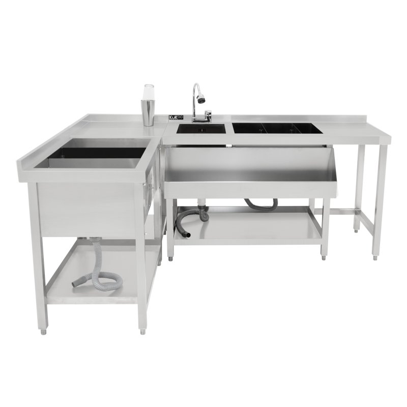 Cocktail Bar Station Ice Well & Modular Corner Unit Stainless Steel Workstation Sink Mixer Tap Speed Rail Removable Dividers Bin Void Splashback Adjustable Feet 2 Connector Brackets & Cocktail Shaker