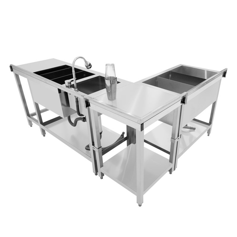 Cocktail Bar Station Ice Well & Modular Corner Unit Stainless Steel Workstation Sink Mixer Tap Speed Rail Removable Dividers Bin Void Splashback Adjustable Feet 2 Connector Brackets & Cocktail Shaker