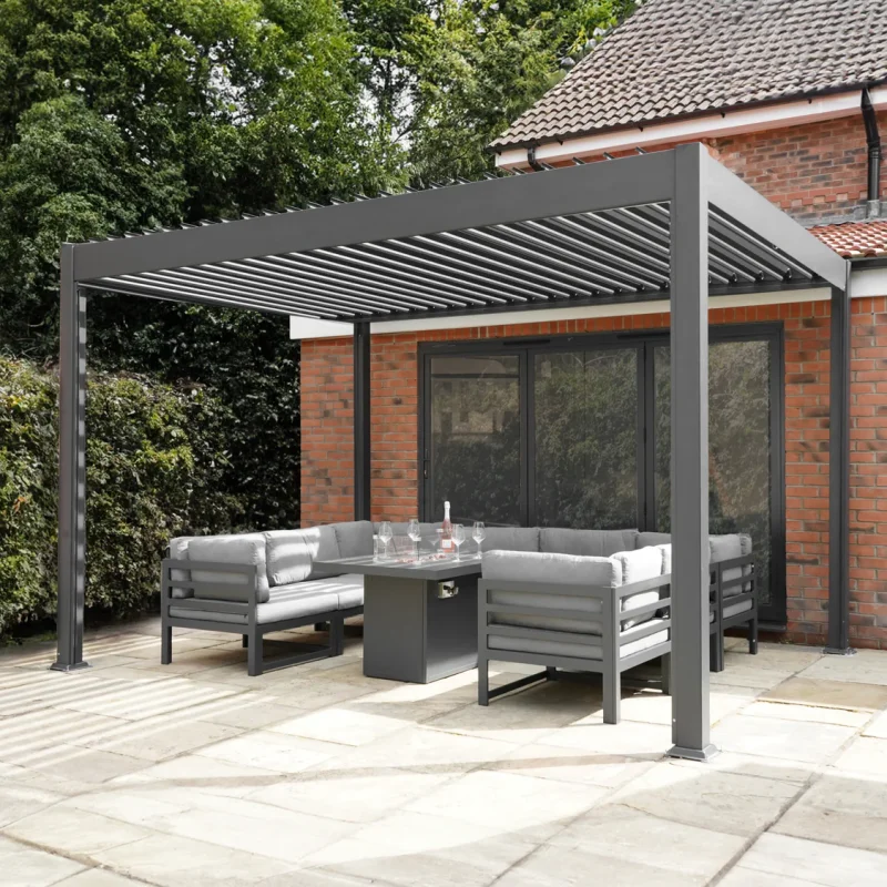 Metal Pergola With LED Lights 3m x 3m Adjustable Canopy Roof Powder Coated Aluminium Outdoor Garden Gazebo Sun Rain Shelter Patio Deck Drainage Weather Resistant Tools & Ground Bolts Grey