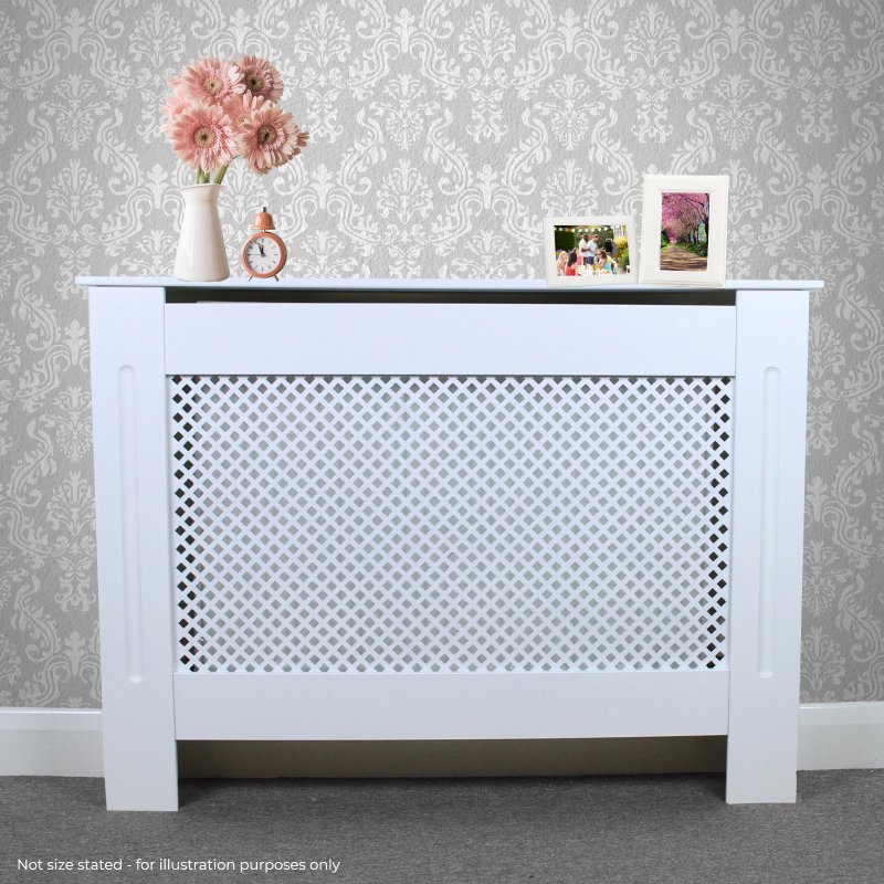 Adjustable Radiator Cover White MDF Trellised Grill Modern Cabinet Shelf 1400mm - 1920mm
