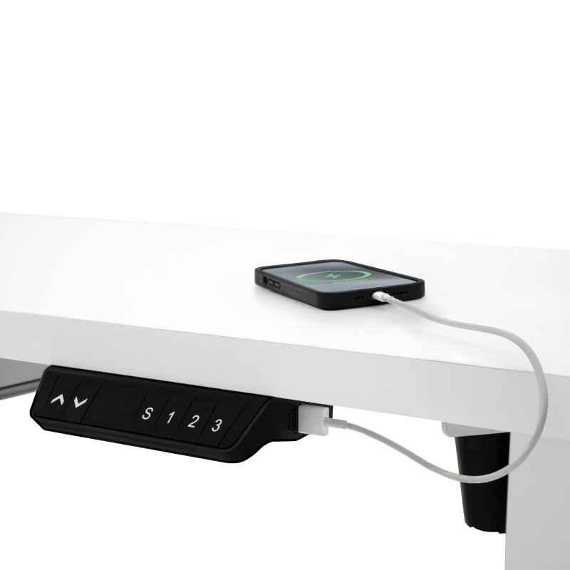 Electric Standing Desk 120 x 60cm White Height Adjustable Ergonomic Sit Stand Computer Workstation Built In Drawer USB A & C Charging Cable Holes & Tray Bag Hook Office Table Timer Memory Smart Panel