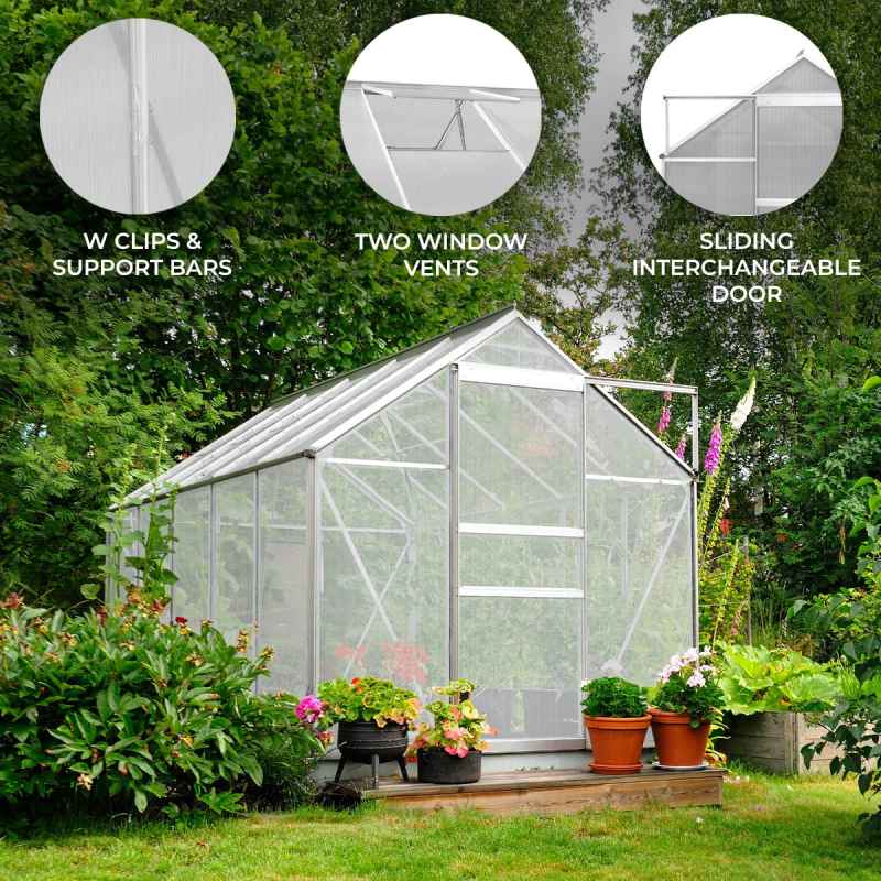 Greenhouse 6 x 8ft Aluminium Polycarbonate Steel Base Silver Weather Resistant Frame Support Bars Interchangeable Sliding Door 2 Roof Window Vents Walk In Gutter FREE W Clips