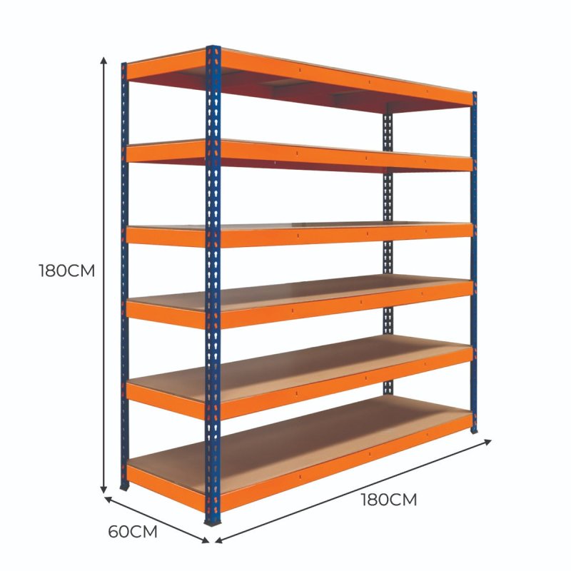 Garage Racking S-Rax Shelving Unit 6 Shelf 180cm x 180cm x 60cm Rack Heavy Duty Steel 300kg Capacity Per Shelf Adjustable Layout Boltless Assembly Rubber Feet 3 Reinforced Support Bars Warehouse