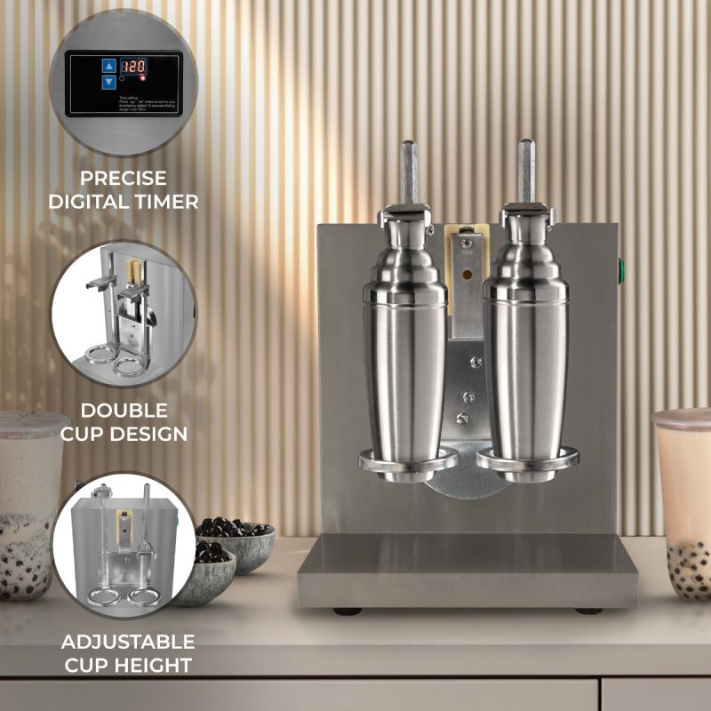Automatic Bubble Tea Shaker Machine Electric Double Frame Commercial Stainless Steel 400 R/MIN Shaking Machine 350ml - 700ml Digital Timer 6 - 120 Seconds Drink Mixer Bubble Boba Coffee Milk Cocktail