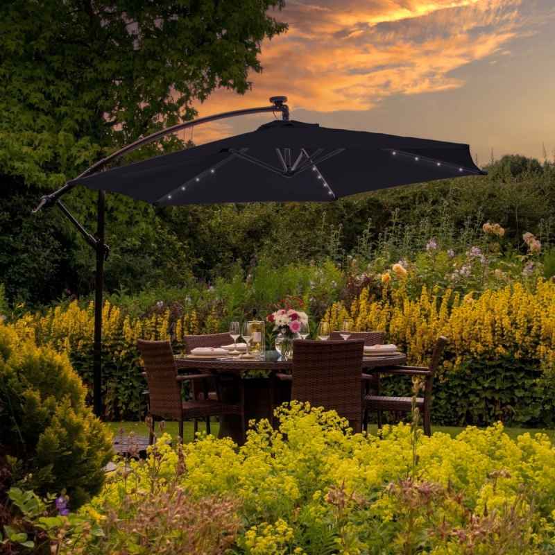 Black LED Cantilever Parasol 3m Banana Hanging Umbrella Garden Sun Shade Canopy Patio 360 Rotation Tilt UV Protection Winding Crank 24 Solar Powered Cool White LED Lights Waterproof Rain Cover & Base