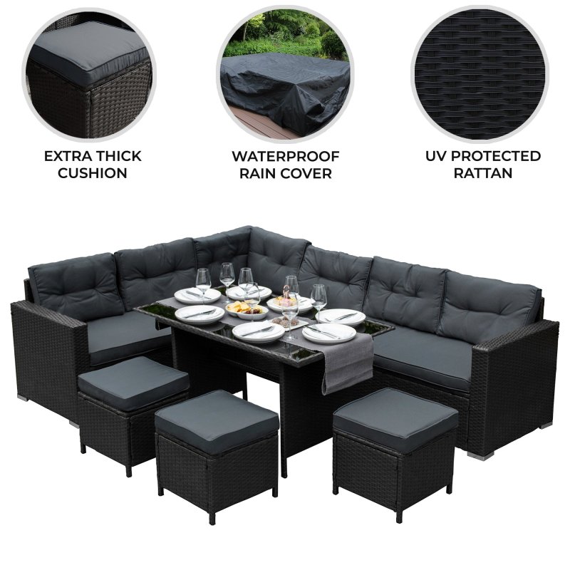 Rattan Corner Dining Set Outdoor Garden Furniture Black 9-Seater L Shape Sofa Stools Tempered Glass Table UV Protected Waterproof Grey Seat Back Cushions Patio Conservatory Lounge FREE Rain Cover