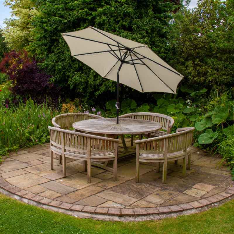 Cream 2.4m LED Tilt Parasol Umbrella Garden Sun Shade Canopy Patio Outdoor 360 Rotation UV Protection Winding Crank Adjustable 32 Solar Power Lights Cool White 8 Ribs 5.5kg FREE Waterproof Rain Cover