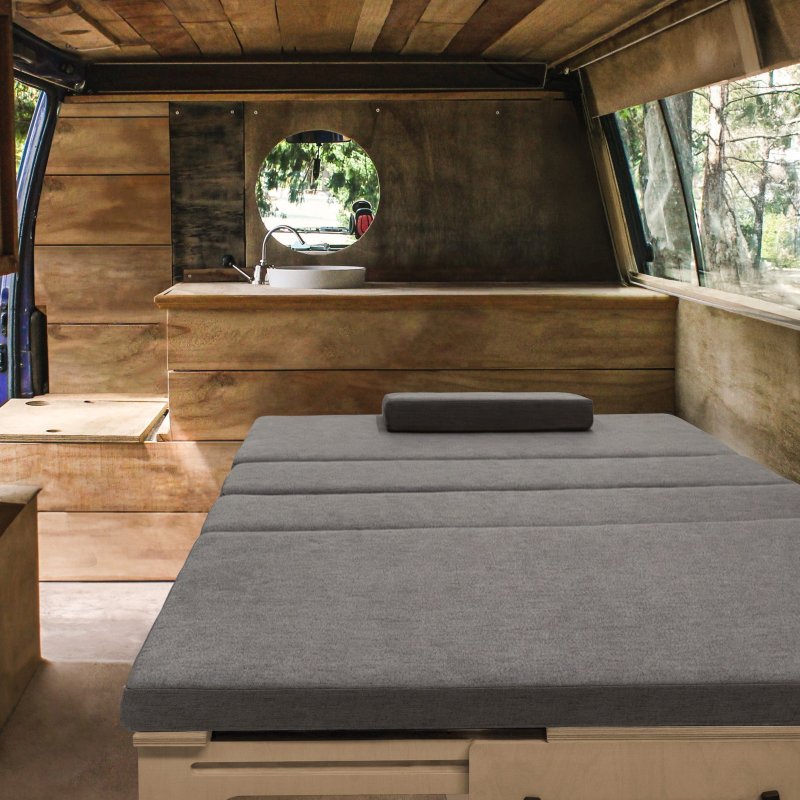 L-Shape Camper Van Sofa Bed & Cushions 1800 x 1200mm Sliding Pull Out Design Under Bench Storage & 2 x Nets Versatile Vehicle Compatibility Birch Wood 8cm Thick Mattress Washable Covers Fixing Kit