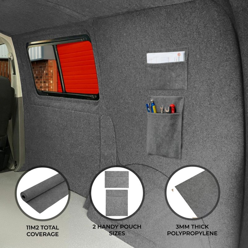 Camper Van Lining & 2 x Storage Pouches Smoke Grey Carpet 4 Way Stretch 2m Wide 11m2 Coverage Car Motorhome Vehicle Interior Campervan Conversion 2 Size Tool Paperwork Document Pocket Organiser Holder