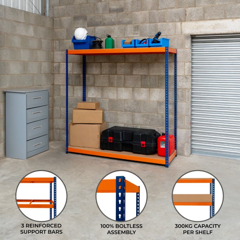 Garage Racking S-Rax Shelving Unit 2 Shelf 180cm x 180cm x 60cm Rack Heavy Duty Steel 300kg Capacity Per Shelf Adjustable Layout Boltless Assembly Rubber Feet 3 Reinforced Support Bars Warehouse