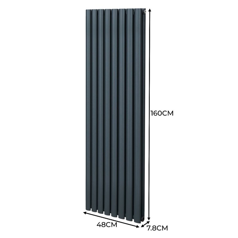 Oval Column Radiator 1600mm x 480mm Modern Designer Double Panel Central Heating Heater Matt Grey Carbon Steel Vertical Kitchen Living Room Bathroom FREE Cleaning Brush Fixing Kit & Brackets