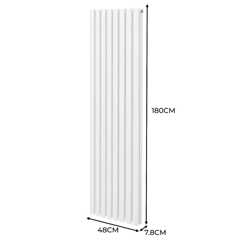 Oval Column Radiator 1800mm x 480mm & TRV Chrome Valves Modern Designer Double Panel Central Heating Heater White Steel Vertical Kitchen Living Room FREE Cleaning Brush Fixing Kit & Brackets
