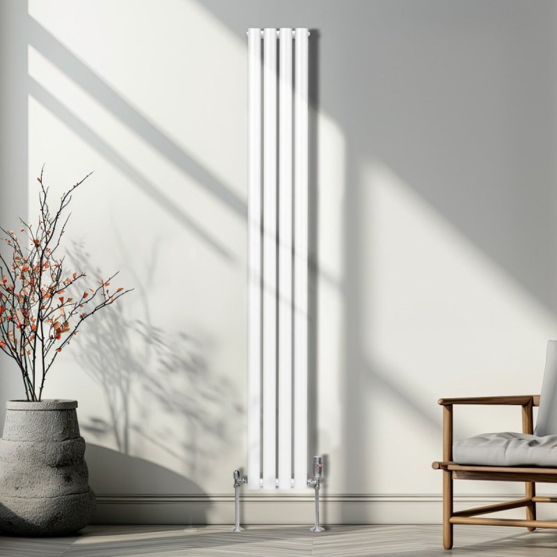 Oval Column Radiator 1800mm x 240mm Modern Designer Double Panel Central Heating Heater Gloss White Carbon Steel Vertical Kitchen Living Room Bathroom FREE Cleaning Brush Fixing Kit & Brackets