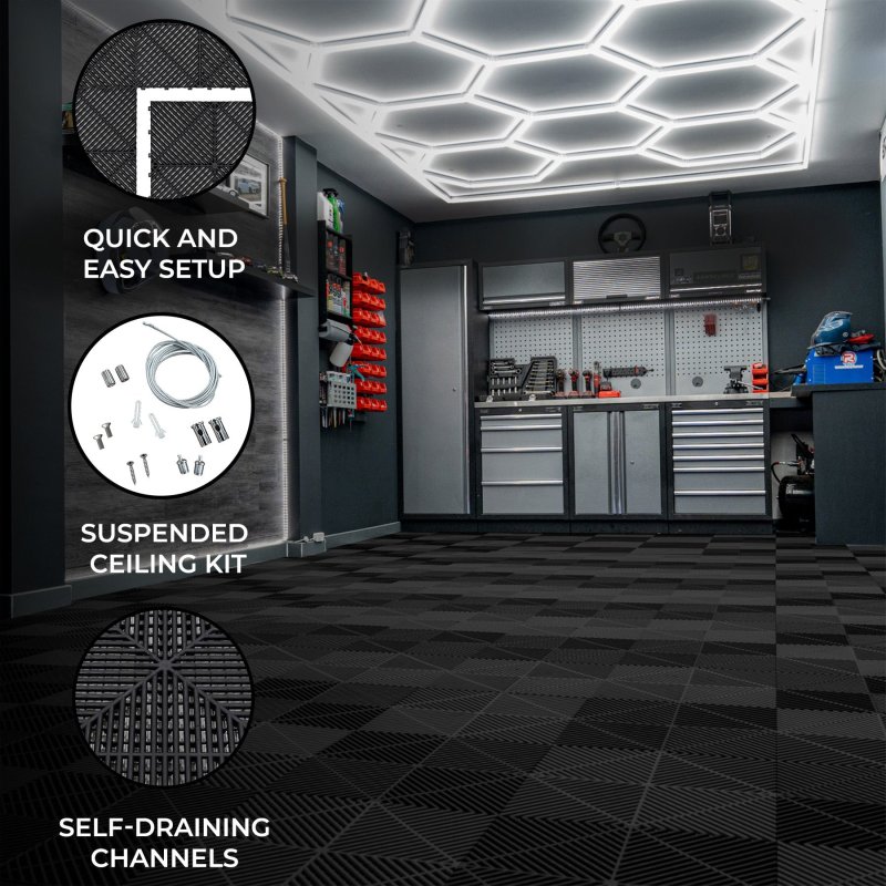 Vented Modular Interlocking Flooring Tiles x 225 Black With Edges & Hexagon LED Lighting 28 White Lights & Border 6500K 3 Mount Options & Suspended Ceiling Kit Single Garage Floor Mat 6m x 6m 36m2