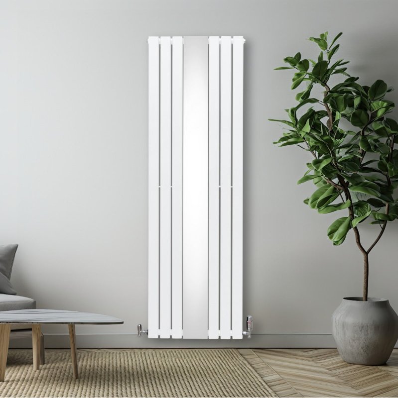 Flat Panel Radiator With Mirror 1800mm x 565mm Modern Designer Double Column Vertical Heater Matt White Carbon Steel Wall Mounted Kitchen Living Room Cleaning Brush Fixing Kit & Brackets