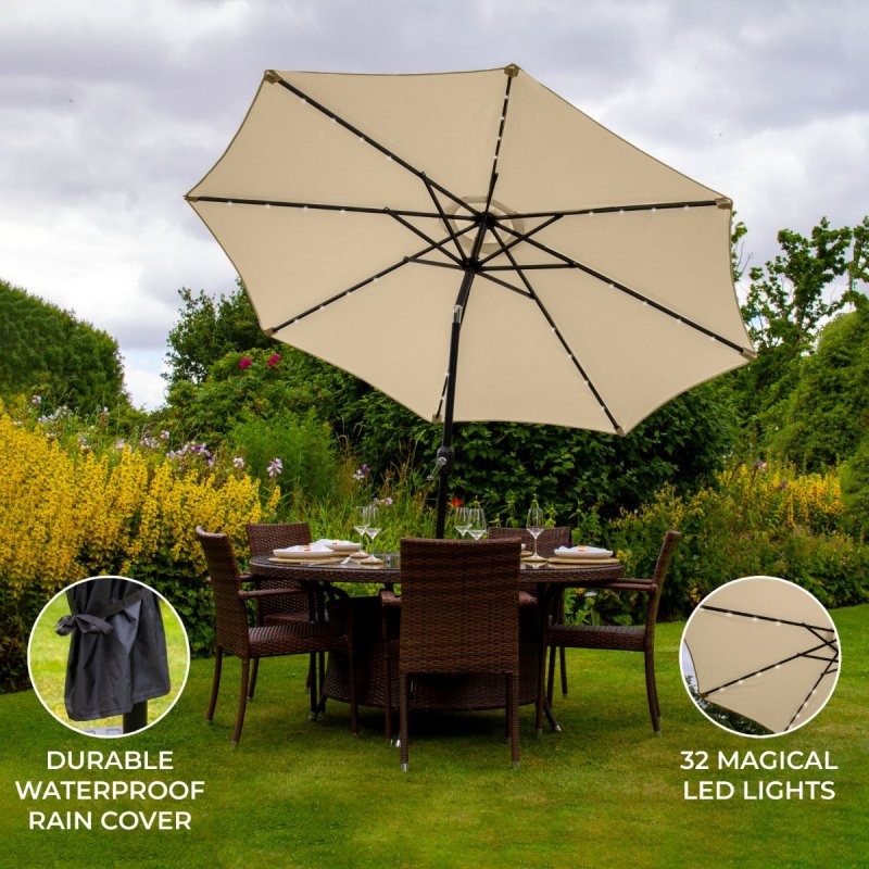 Beige 2.4m LED Tilt Parasol Umbrella Garden Sun Shade Canopy Patio Outdoor 360 Rotation UV Protection Winding Crank Adjustable 32 Solar Power Lights Cool White 8 Ribs 5.5kg FREE Waterproof Rain Cover