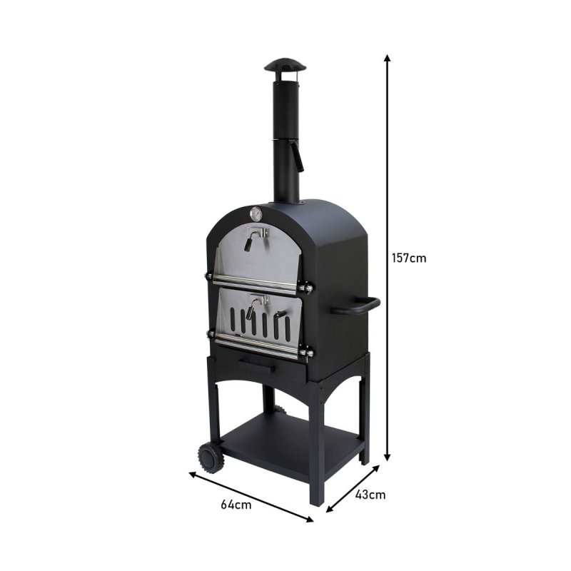Outdoor Pizza Oven Portable Charcoal BBQ Smoker Pizza Maker Chimney Vent Temperature Gauge Shelf & Union Jack Bunting 25 Triangle Flags 10m Double Sided FREE Pizza Peel, Stone, Cutter & Rain Cover