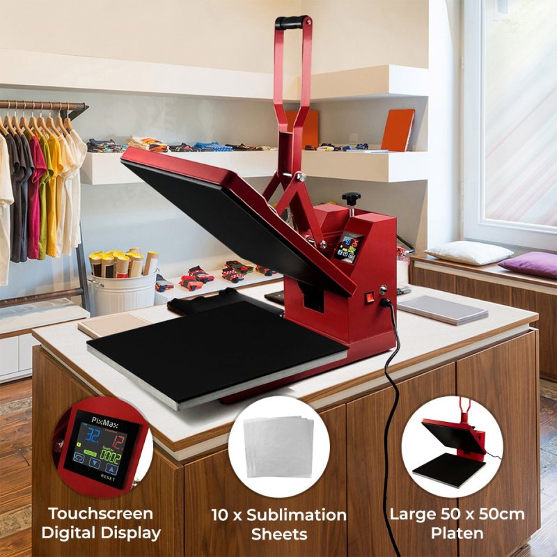 PixMax Large Sublimation T-Shirt Heat Press Machine & Printer, Clam Style, 50cm x 50cm, Red