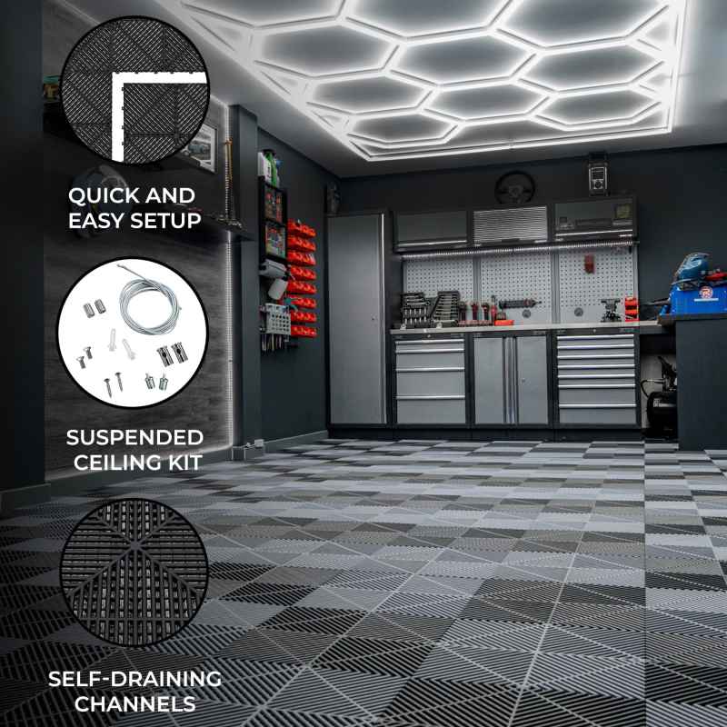 Vented Modular Interlocking Flooring Tiles 60 Black & 60 Grey With Edges & Hexagon LED Lighting 14 White Lights & Border 6500K 3 Mount Options & Suspended Ceiling Kit Single Garage Floor Mat 3.2m x 6m