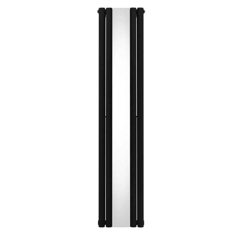 Oval Panel Radiator With Mirror 1800mm x 380mm Modern Designer Double Column Vertical Heater Matt Black Carbon Steel Wall Mounted Kitchen Living Room Cleaning Brush Fixing Kit & Brackets