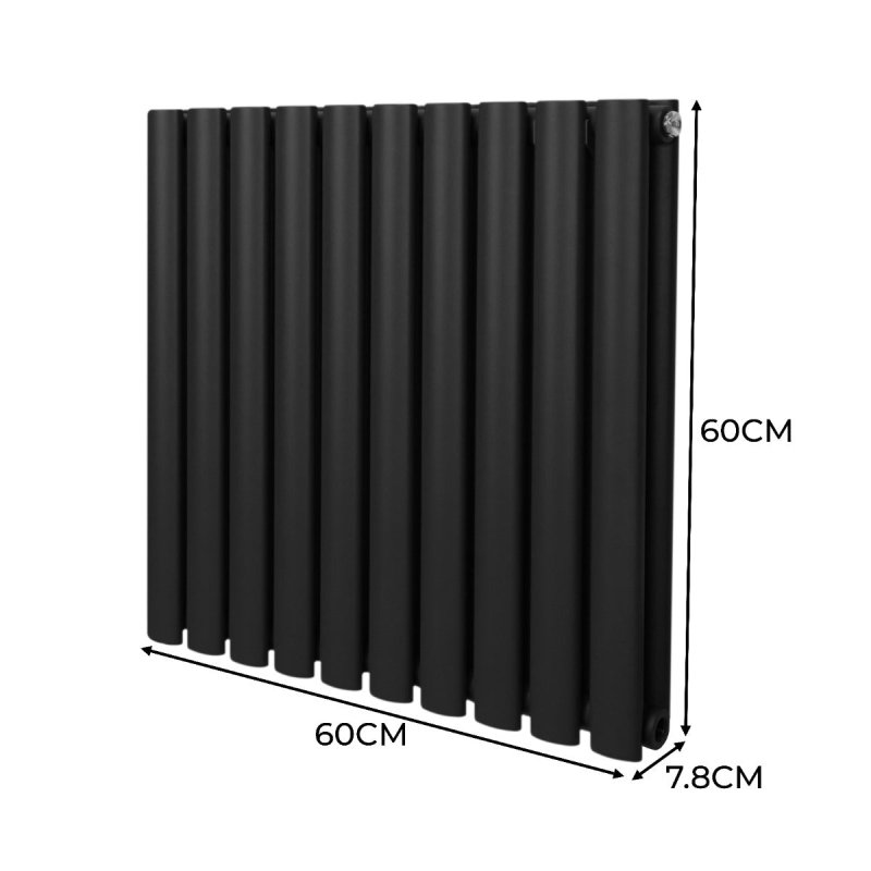 Oval Column Radiator 600mm x 600mm Modern Designer Double Panel Central Heating Heater Matt Black Carbon Steel Horizontal Kitchen Living Room Bathroom FREE Cleaning Brush Fixing Kit & Brackets
