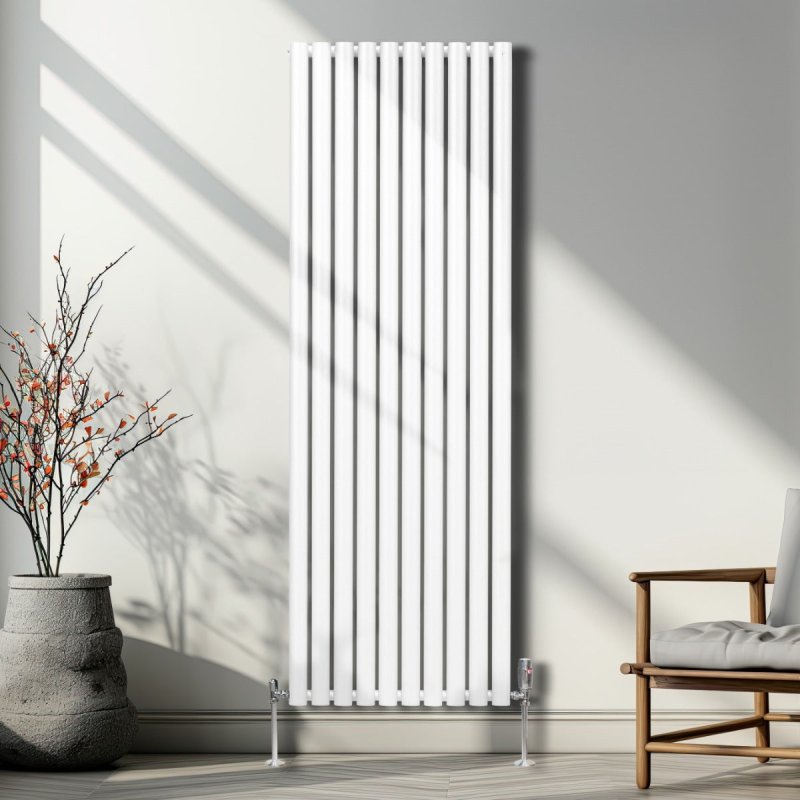 Oval Column Radiator 1800mm x 600mm & TRV Chrome Valves Modern Designer Double Panel Central Heating Heater White Steel Vertical Kitchen Living Room FREE Cleaning Brush Fixing Kit & Brackets