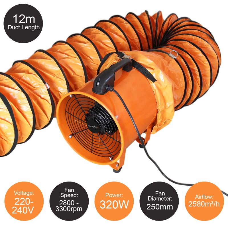 Dust Extractor Ventilation Fan 250mm Portable 12m Duct Hose Workshop Fume Air Blower Industrial PVC Ducting Ventilator