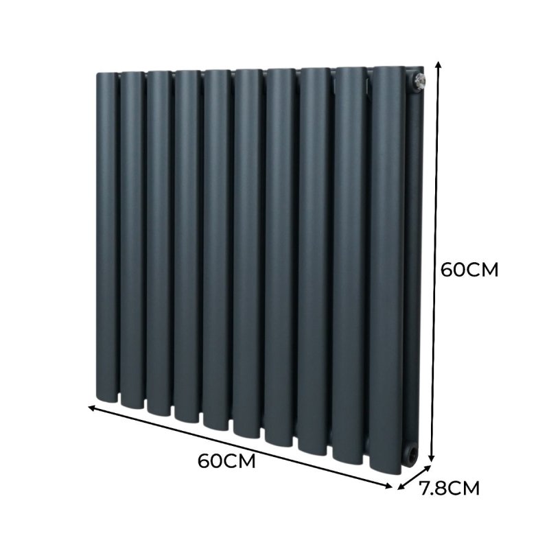 Oval Column Radiator 600mm x 600mm Modern Designer Double Panel Central Heating Heater Matt Anthracite Grey Carbon Steel Horizontal Kitchen Living Room FREE Cleaning Brush Fixing Kit & Brackets