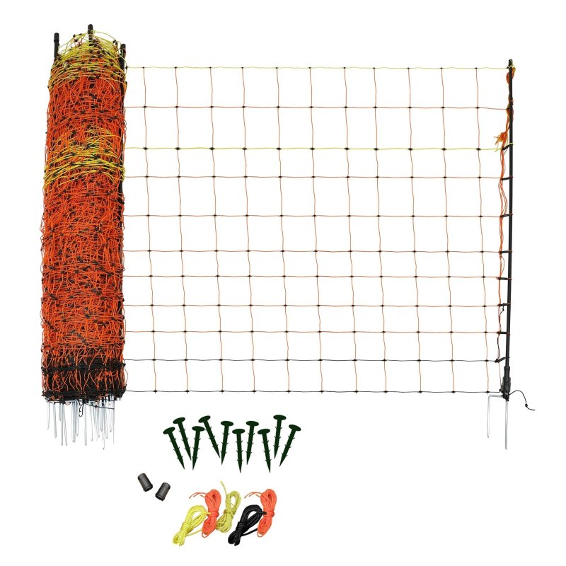 Electric Poultry Netting 50m Roll Fencing Fence & Posts Conductive Hotline Hot Gate Chicken Hen Geese Turkey Net Mesh 11 Wires 120cm 1.2m High 14 Double Spikes FREE Repair Kit & 10 Ground Spikes