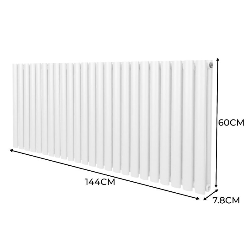 Oval Column Radiator 600mm x 1440mm & TRV Chrome Valves Modern Designer Double Panel Central Heating Heater White Steel Horizontal Kitchen Living Room FREE Cleaning Brush Fixing Kit & Brackets