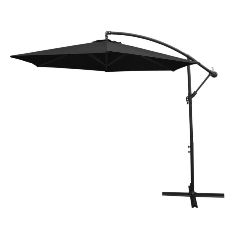 3m Cantilever Garden Parasol Banana Hanging Umbrella Winding Crank Shade Patio Outdoor Sun Shade Tilt UV Protection | Black Fan Base