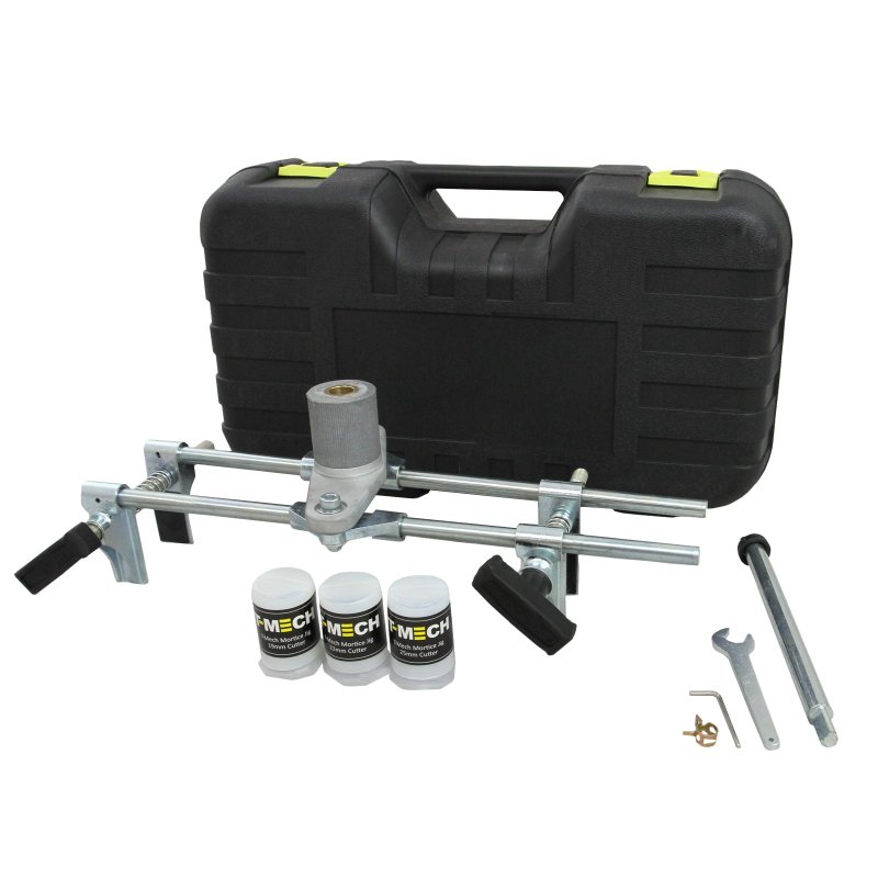 T-Mech Mortice Jig Door Lock Fitting Set Wood Chisel Drill Morticer Kit / 6 Carbide Wood Cutters, 19mm, 22mm, 25mm