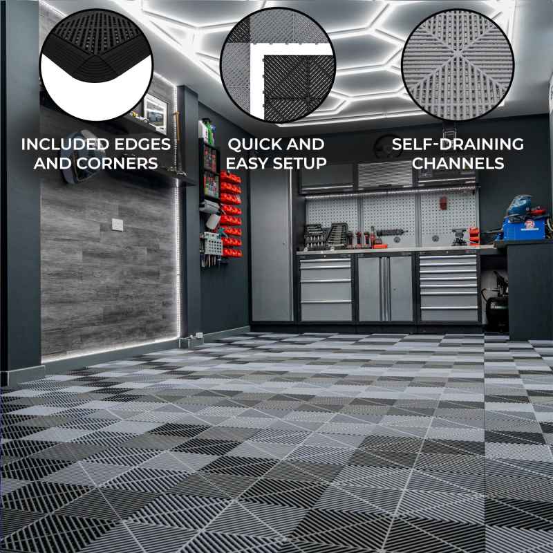 Vented Modular Interlocking Flooring Tiles & Edges 120 Black & 120 Grey Double Garage Heavy Duty Floor Mat Showroom Workshop Outdoor Polypropylene Anti Slip Weather Resistant Drainage 6m x 6m 36m2