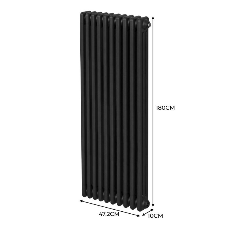 Traditional 3 Column Radiator 1800mm x 472mm Modern Central Heating Heater Matt Black Carbon Steel Vertical Wall Mounted Kitchen Living Room Bathroom Cleaning Brush Fixing Kit & Brackets