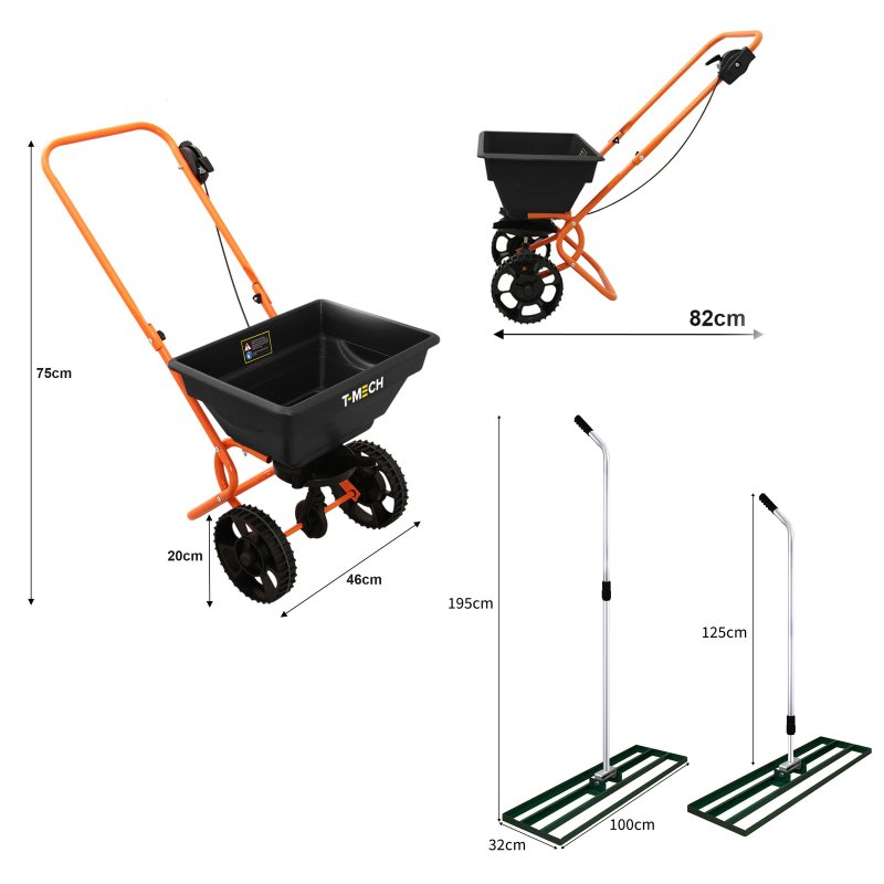 Lawn Leveller & Rotary Spreader Gritter Fertiliser Garden Levelling Rake Lute 100 x 32cm Green Removable Extendable Handle 1.15 - 1.9m Easy Grip 25kg Capacity Salt Grit Sand Seed Rain Cover & Gloves