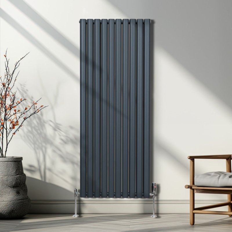 Oval Column Radiator 1600mm x 600mm Modern Designer Double Panel Central Heating Heater Matt Anthracite Grey Carbon Steel Vertical FREE Cleaning Brush Fixing Kit & Brackets