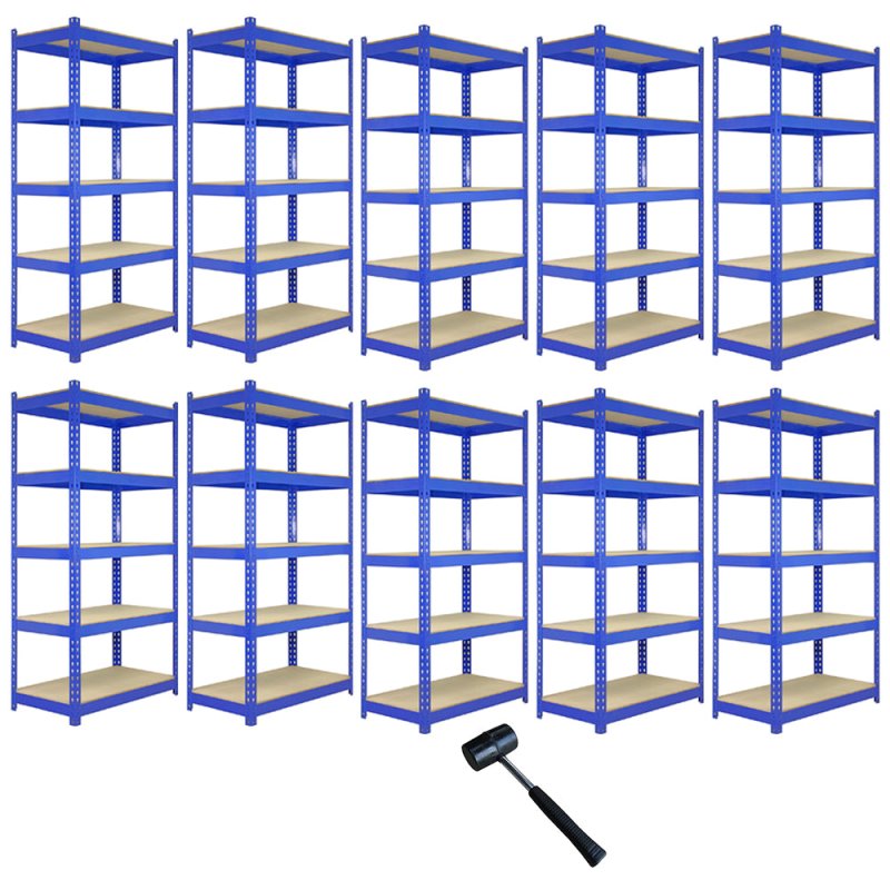 10 x Blue Racking Bay Unit 5 Tier Heavy Duty Steel Metal 200kg capacity Per Shelf Garage Shelves Storage Warehouse Shed Workshop Boltless Shelving 120 x 50 x 180cm Free Rubber Mallet